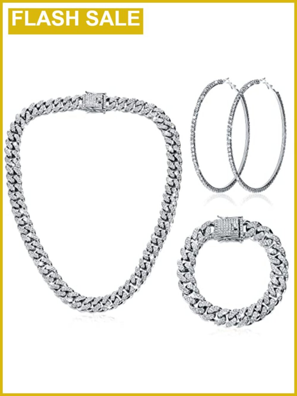 Rhinestone Cuban Link Necklace Bracelet Hoop Earring Set Hip Hop Jewelry